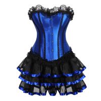 【LZ】℡❧❈  Feminino sexy espartilho saia gótico overbust espartilhos vestido com mini tutu showgirls roupas de dança azul S-6XL