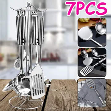 6Pcs/Set Wood Handle 304 Stainless Steel Cooking Tool Sets Turner Rice  Spoon Pasta Server Kitchenware Utensil Accessory Cookware