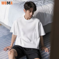 WOMA  คู่ผ้าแจ็คการ์ดสามมิติแขนสั้นหลวมสีทึบถักแบบเสื้อยืดคอกลมของผู้ชาย