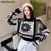 เสื้อกันหนาวแบบสวมหัวของผู้หญิง MAOZHUXIA สไตล์เกาหลี Ins เสื้อสเวตเตอร์ผ้าแจ็คการ์ดย้อนยุคเสื้อเอวลอย