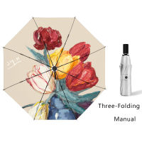 Flower Silver Womens Umbrellas Automatic Sunscreen Anti UV Tulips Umbrella Rain Windproof Rainproof Female Parasol Gift