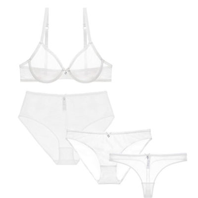 Varsbaby Sexy Transparent Underwear Set 4pcs Bras+Panties+Thongs+High Waist Briefs plus size For Women