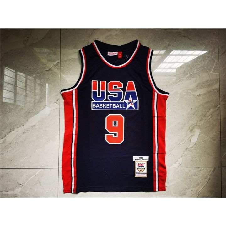 ขายเสื้อผ้าบาสเกตบอลสูง-nba-mitchell-ness-1992-olympic-dream-1-9-michael-jordan-navy-blue-jersey-men-basketball-jerseys