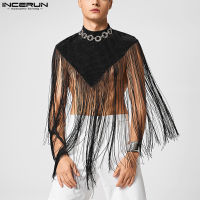 INCERUN Mens Tassel Poncho Shirt Sleeveless See Through Crop Tops Party Clubwear (Western Style)