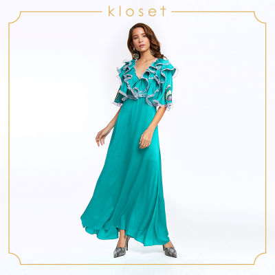 Kloset Long Dress With Ruffles At Top (RS19-D008)เสื้อผ้าผู้หญิง เสื้อผ้าแฟชั่น เดรสแฟชั่น เดรสยาว