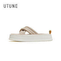 UTUNE Linen Slippers For Women Mesh Slides Platform 4CM Men Summer Spring Outside Home Shoes EVA Rubber Indoor Sandals Street