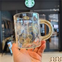 Startbuck ถ้วยขาตั้งกล้อง Starbuck Sloki Kaca Starbuck 355มล. แก้วตะขอทองลายดอกซากุระบานถ้วยเพชรสีแก้วน้ำกาแฟโต๊ะ
