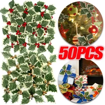 5-100Pcs Artificial Holly Berry Green Leaves Christmas Ornaments