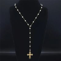 2022 Imitation Pearls Cross Stainless Steel Long Necklaces for Women Gold Color Chocker Necklace Jewelry collier femme N1165S05