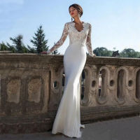 Lace Long Sleeve Mermaid Wedding Dresses With Train Elastic Satin Appliques Bridal Gown For Women Zipper Back Custom Made