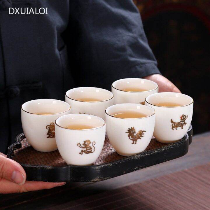 Chinese Zodiac Depiction Of En Sheepskin Jade Tea Cup Tea Set White