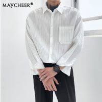 MAYCHEER เสื้อเชิ้ตผู้ชายแขนยาวลายทางสีเข้มสไตล์ขี้เกียจออกแบบความรู้สึกเฉพาะเสื้อลำลองผู้ชาย