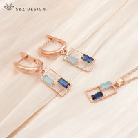 S&amp;Z DESIGN New Unique Double Color Square Cubic Zirconia Dangle Earrings Jewelry Sets For Women 585 Rose Gold Pendant Necklace