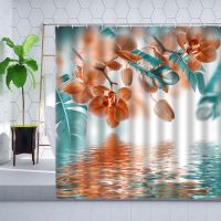 Teal And Orange Orchid Shower Curtain Set Reflection Flower Plant Tropical Palm leaf Painting Zen Decor Fabric Polyester Hooks