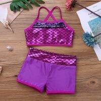 Kids Girls Gymnastics Leotard Tankini Swimwear for Dancing Sequins Mermaid Scales Printed Tank Top with Bottoms Ballet Outfit