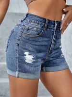 2023 Summer New Womens Mid-Waist Ripped Denim Shorts Fashion Sexy Elastic Rolled Skinny Jeans Shorts S-2XL Drop Shipping