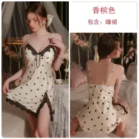 2023 Hot French Sweet Heart Printing Satin Plus Chest Pad V-Neck Seduction Sexy Slit Womens Home Nightdress 3295