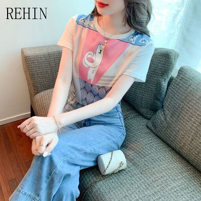 REHIN แฟชั่นสไตล์เกาหลีแบบใหม่สำหรับผู้หญิง,เสื้อยืดสีขาวคอกลมลำลองอเนกประสงค์ทรงหลวมฤดูร้อนแขนสั้น