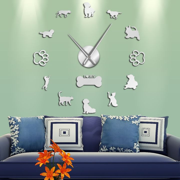 24-home-accessories-3d-แมวและสุนัขตกแต่งผนังแบบ-diy-ไม่มีเสียงสติกเกอร์สัตว์นาฬิกาขนาดใหญ่นาฬิกาแขวนผนังขนาดยักษ์ไร้กรอบของขวัญสำหรับเจ้าของสัตว์เลี้ยง