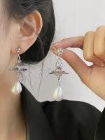 ต้นฉบับ Vivienne Westwood NGBB vivienne three-dimensional Saturn pearl tassel earrings 2023 new trendy temperament celebrity retro earrings