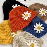 Women Chunky Crochet Knitted Dome Bucket Hat Sweet Daisy Floral Solid Color Round Top Winter Packable Fisherman Cap