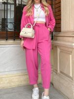 【CC】❄✹✱  Fashion Trouser Sets 2023 Loose Long-sleeved Shirt Waist Pants Piece Set for Pink Pantsuit