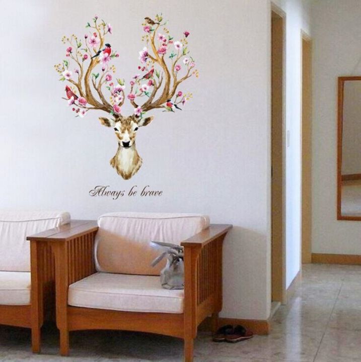 diy-sika-deer-head-flowers-wall-stickers-for-living-room-art-vinyl-wall-decals-for-kids-baby-home-decor-adesivo-de-parede