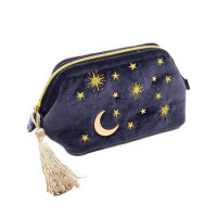 【LuckShops】BEAUTYBIGBANG Makeup bag Navy Velvet Embroidered Applique Moon Stars Sun Cosmetic Bag