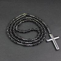 New Arriveal Matte Black Stone Beads with Hematite Faced Beads Cross Pendant Necklace Mens Jewelry Rosaray NSN013