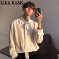 TIDE BEAR เสื้อผู้ชาย เกาหลีย้อนยุคสบายๆ ความรู้สึกระดับไฮเอนด์ของสีทึบน้ำแข็งผ้าไหมคู่หลวมแฟชั่นยาว-แขนด้านบน w