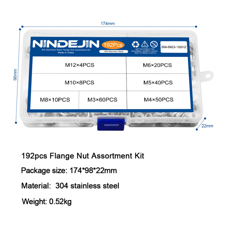 nindejin-192-ชิ้นหกเหลี่ยมหน้าแปลนถั่ว-assortment-ชุด-m3-m4-m5-m6-m8-m10-m12-304-สแตนเลสเมตริกหน้าแปลนถั่วชุด-din6923