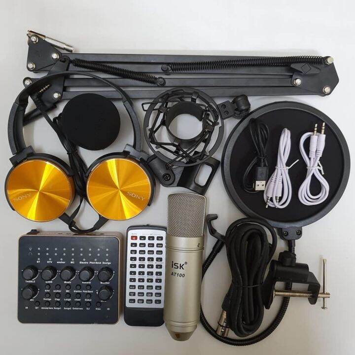 Bộ thu âm live stream Sound card V10 bluetooth và Mic ISK AT100 hàng