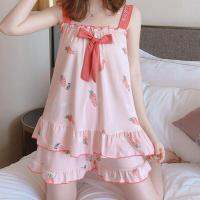 【JH】Summer New Women Sleepwear Cute Cartoon Sling Pajamas Set Comfortable Thin Girls Lace Ruffle Short-Sleeved Shorts Lingerie Set