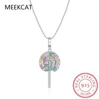 925 Sterling Silver Cute Lovely Girl Women Jewelry Rainbow CZ Lollipop Pendant Beads Chain Necklace Women Fine Jewelry Colar