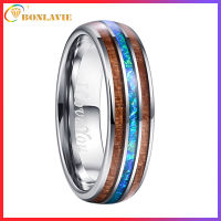 BONLAVIE 8mm Hawaiian Koa Wood and Imitated Opal Inlay Genuine Tungsten Carbide Rings Wedding Bands for Men Comfort Fit Size 6 to 14