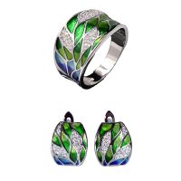 【lz】∈❐  Conjunto de joias folhas de bambu verde para mulheres brincos e anel deslumbrantes joias finas elegantes clássicas esmalte artesanal