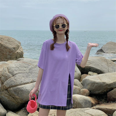 Split เสื้อยืดผู้หญิงครึ่งแขนช่วงต้นฤดูร้อนใหม่กลางความยาวขนาดใหญ่เกาหลีหลวมหลวมแขนสั้นเสื้อ