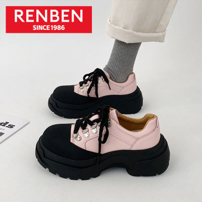 RENBEN รองเท้าส้นตึกลำลองสำหรับผู้หญิง,รองเท้าส้นตึกรองเท้าหนังขนาดเล็กส้นหนาผูกเชือกอเนกประสงค์ย้อนยุคสไตล์อังกฤษ