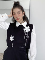 LANMREM 2022 Spring Autumn New Women Long Sleeve White Shirts Floral Vest Black Color Elastic Waist Skirt Female Fashion 2J405