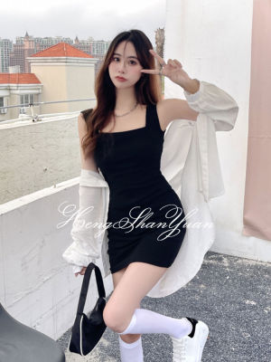 HengShanYuan เดรสสำหรับผู้หญิงคอเหลี่ยมเพรียวบางชุดสีดำเล็ก