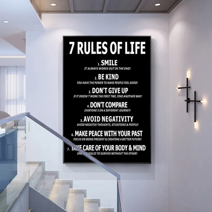 7 Rules Of Life สร้างแรงบันดาลใจภาพวาดผ้าใบสีดำสีขาวโปสเตอร์และพิมพ์แรง ...