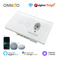 Onndo Tuya ZigBee สวิทช์ผนังและซ็อกเก็ต, บราซิลมาตรฐาน4X2แผงกระจก12ปุ่มสมาร์ทสวิตช์ไฟสำหรับ Alexa Home