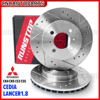 จานเบรคหน้า Mitsubishi LANCER ท้ายเบนซ์, CEDIA 1.8  ปี 1996-2002, CK4 CK5 CS3 CS5, NEW LANCER ปี 2001-2008 จานเบรคแต่งเจาะรูเซาะร่อง คู่หน้า RUNSTOP SLOT (จานเบรค 2 ใบ)