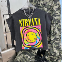 เสื้อครอป NIRVANA ทรงไหล่ล้ำสีผ้าฟอกสวยมาก