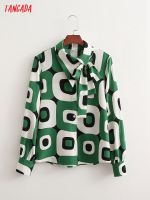 Tangada 2022 Women Green Geometry Print Shirt Blouse Long Sleeve Chic Female Office Lady Tops 1D439