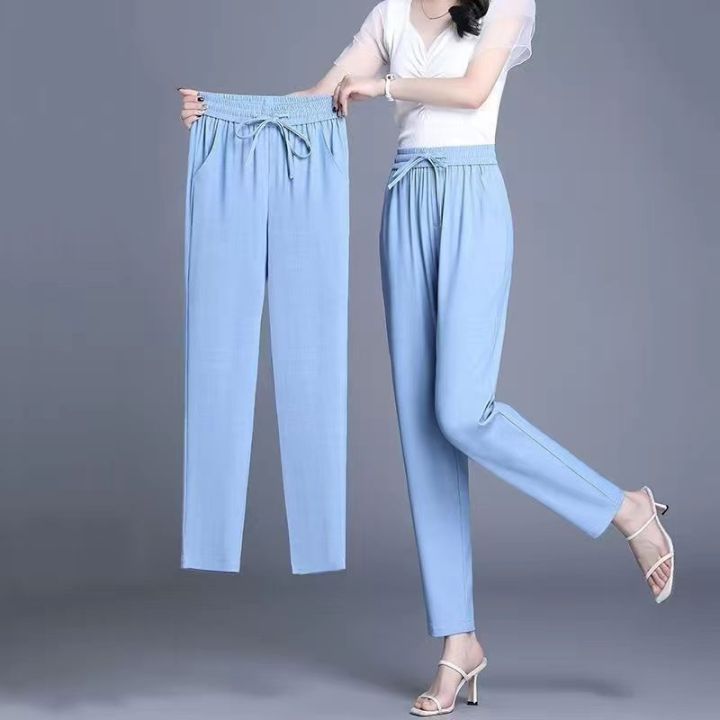 ผ้าไหมซาตินคร็อปแพนท์เอวสูงสำหรับผู้หญิงหลวงขนาดใหญ่กางเกงลำลองบางกางเกงฮาเร็มกางเกงขายาวสตรี