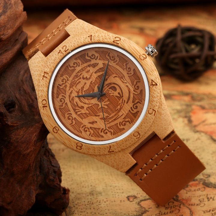 แกะสลักมือหัตถกรรมมังกรจีนหน้าปัดนาฬิกาไม้บุรุษนาฬิกาแกะสลักไม้ไผ่ธรรมชาติไม้ควอตซ์หนังนาฬิกา-r-eloj-hombre