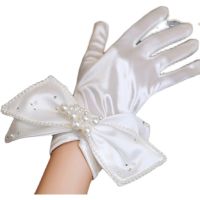 ✻∈❈ Mingli Tengda Gloves Satin Thin Bow Stage Banquet Celebrity Bride Wedding Accessories Five Finger Pearl Short Bridal Gloves