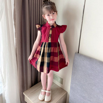 Burberry∮ Girls Dress Summer Western-Style Plaid Stitching Red Vest Skirt Flying Sleeve Princess Dress