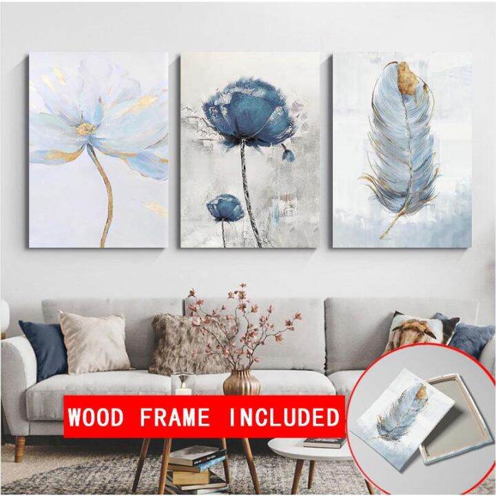 (With Frame)Scandinavian Poster Blue Flower Feather Wall Art Canvas